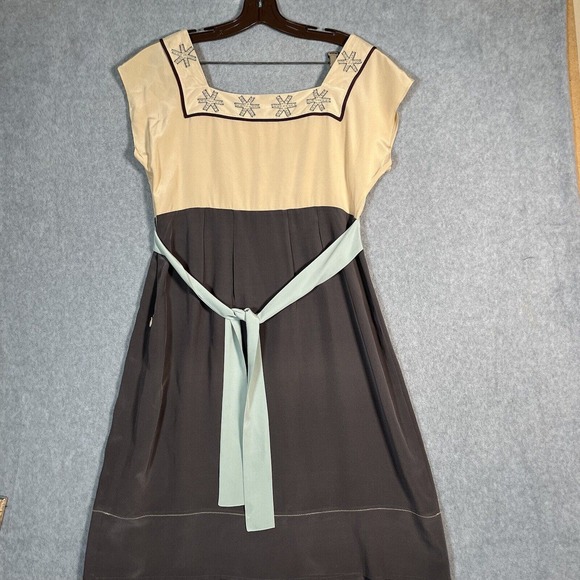 Anthropologie Diodore Dress Womens 12 Romantic Camel Silk Alpine Tie Back - Picture 7 of 16